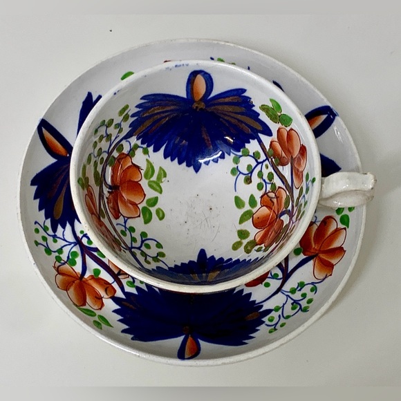 19th Century Antique Gaudy Welsh Butterfly Pattern Hand Painted Cup & Saucer Set - Picture 14 of 16
